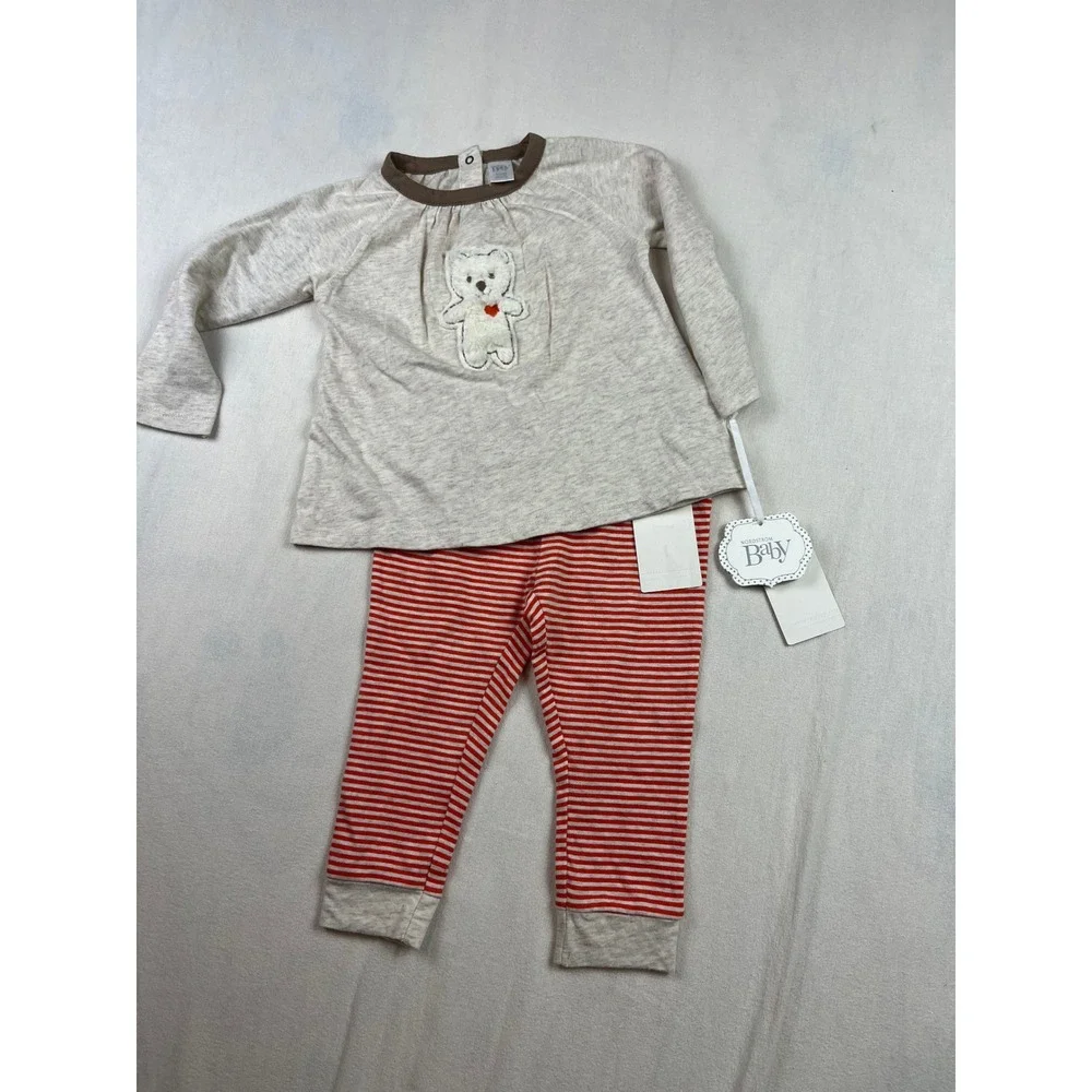 Nordstrom Baby 12M Bear Applique Top and Striped Leggings Set Red Oatmeal